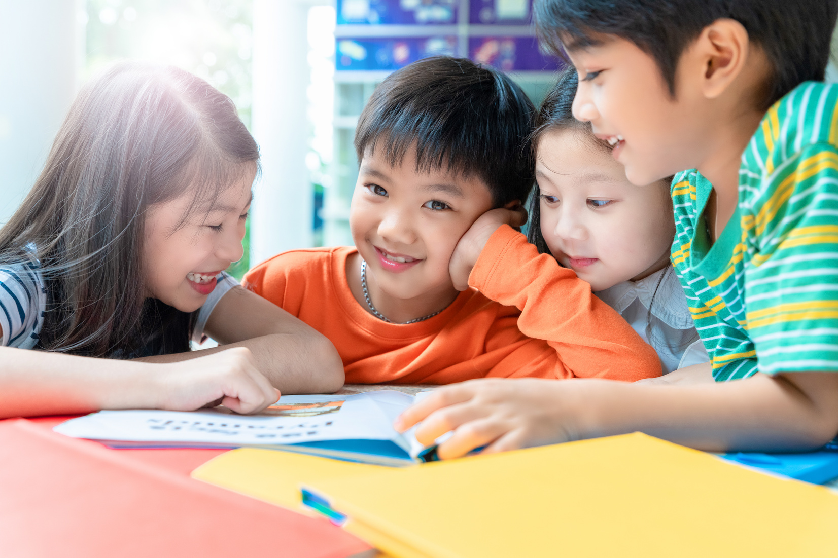 KID EDUCATION, Asian Kid Student Reading book together with happiness