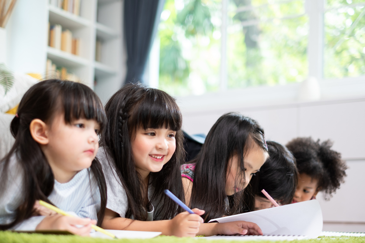 Group diversity cute kids studying  at home, kids education concept